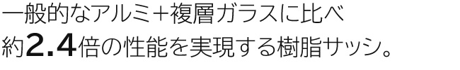 一般的なアルミ＋複層ガラスに比べ約2.4倍の性能を実現するオール樹脂サッシ。